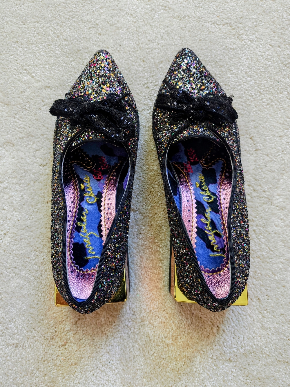 Irregular Choice Black Multi Glitter Pointed Bow Flats